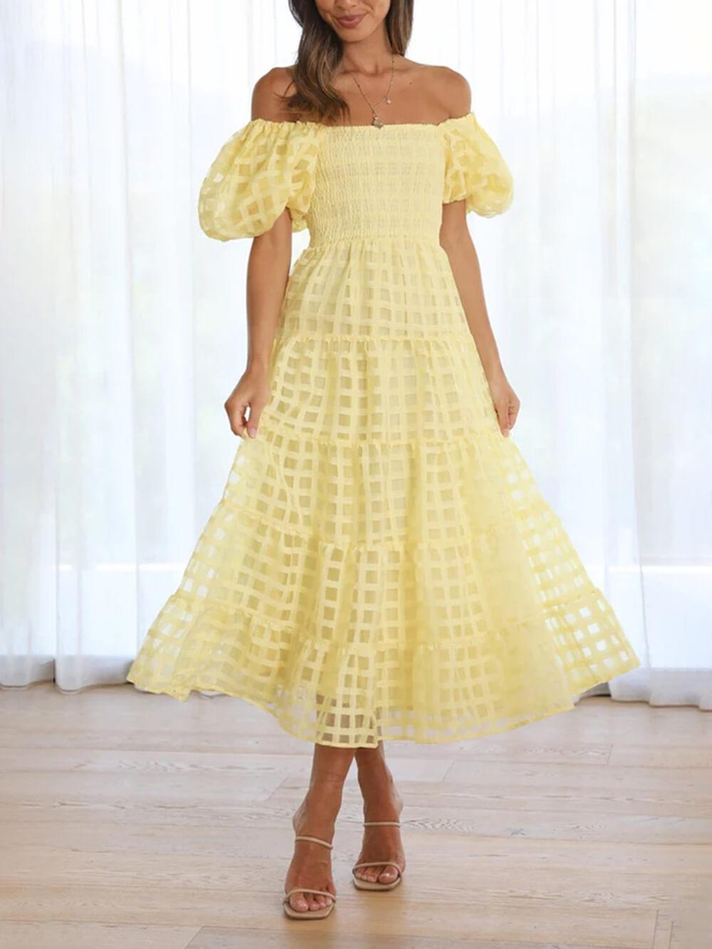 Aurohaya Fashionable One-Shoulder Chiffon Puff Sleeve Swing Midi Dress Yellow