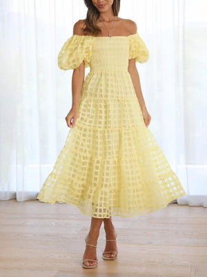 Aurohaya Fashionable One-Shoulder Chiffon Puff Sleeve Swing Midi Dress Yellow