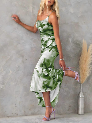 Aurohaya Beautiful Casual Off-Shoulder Floral Print Elastic Slim Irregular Maxi Dress