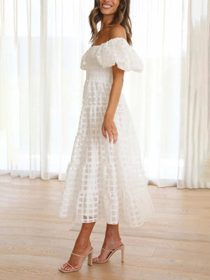 Aurohaya Fashionable One-Shoulder Chiffon Puff Sleeve Swing Midi Dress