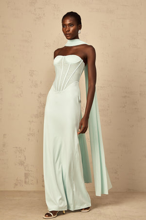 Aurohaya Béryl Tulle Panel Corset Maxi Dress in Mint Green