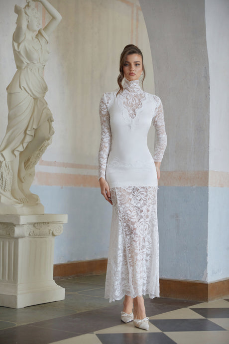 Aurohaya Airelle White Satin Panel Lace Maxi Dress