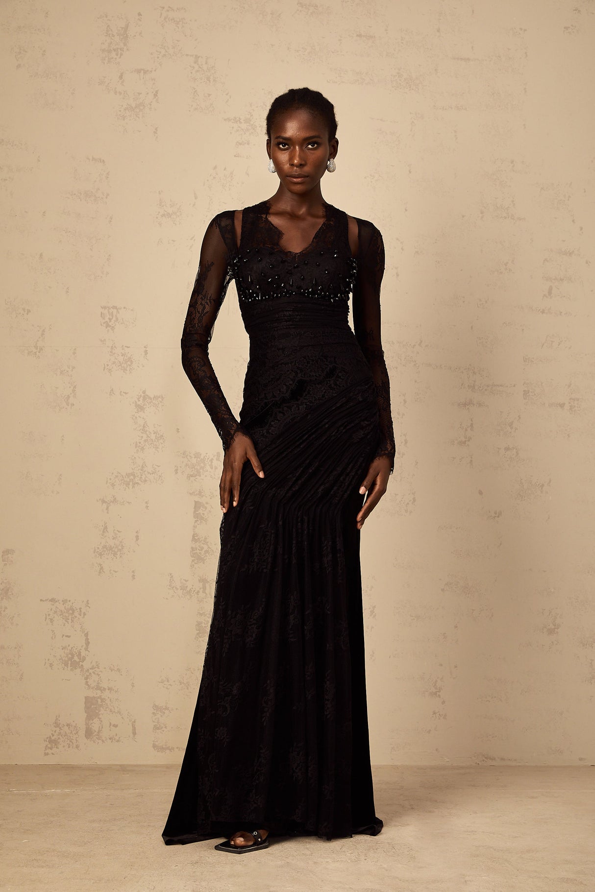 Aurohaya Ursula black floral-lace mermaid maxi dress