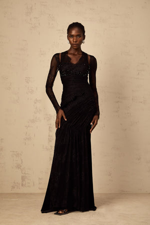 Aurohaya Ursula black floral-lace mermaid maxi dress