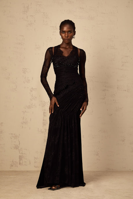 Aurohaya Ursula black floral-lace mermaid maxi dress