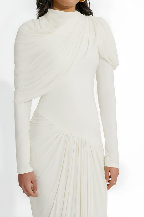 Aurohaya Bronwyn White Draped Pleated Asymmetrical Maxi Dress