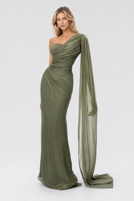 Tiphaine One Shoulder Ruched Maxi Dress / Green
