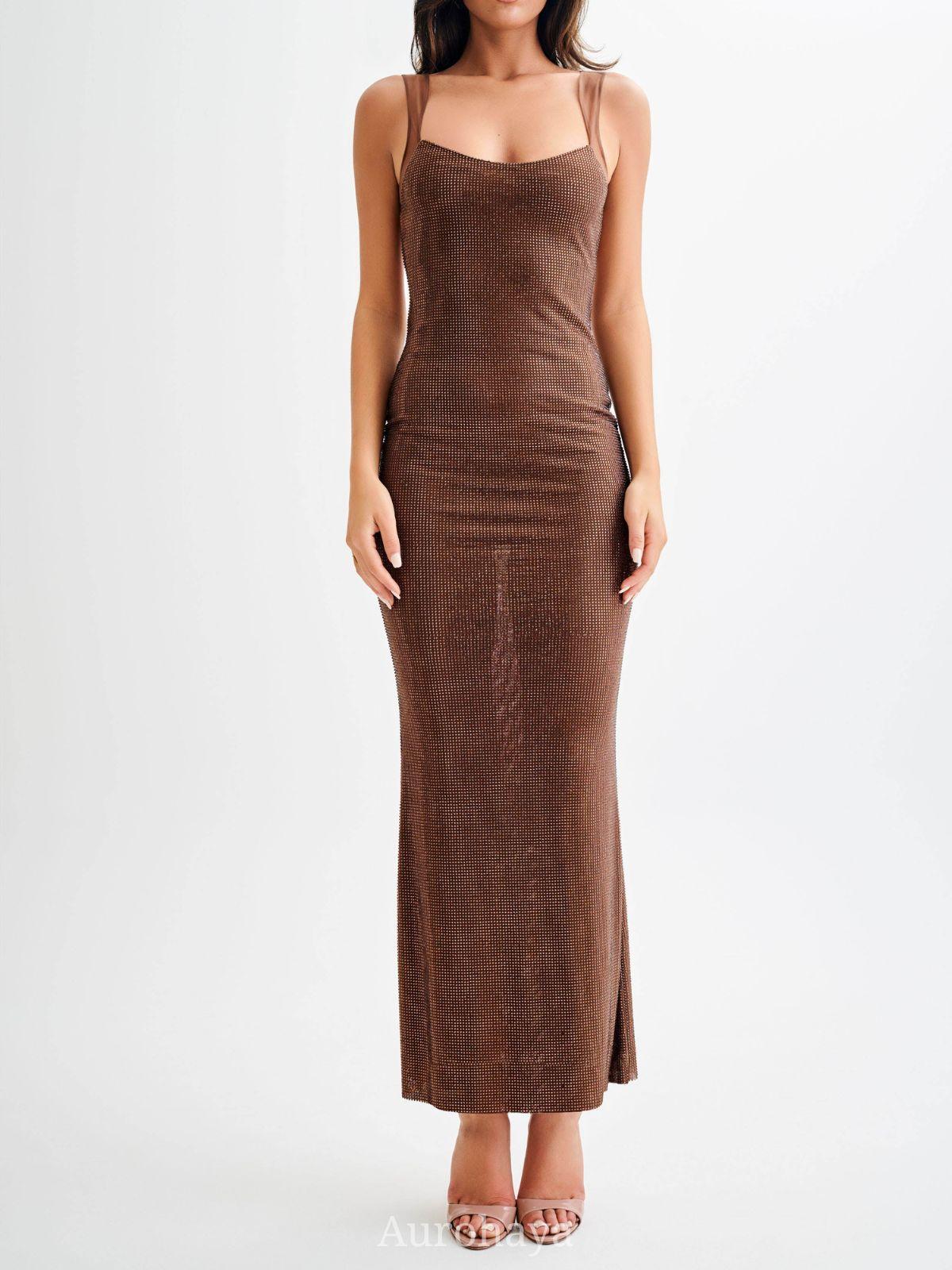 Aurohaya Vespertine Rhinestone Maxi Dress Backless Mesh Evening Gown