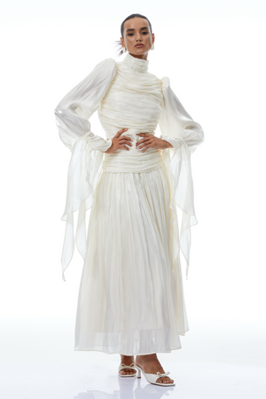 Aurohaya Sarolta Neutral Glossy Ruched Maxi Dress