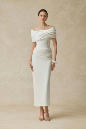 Aurohaya Valérie White Draped Midi Dress