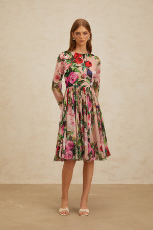 Aurohaya Coralie Pink Rose Print Summer Silk Midi Dress