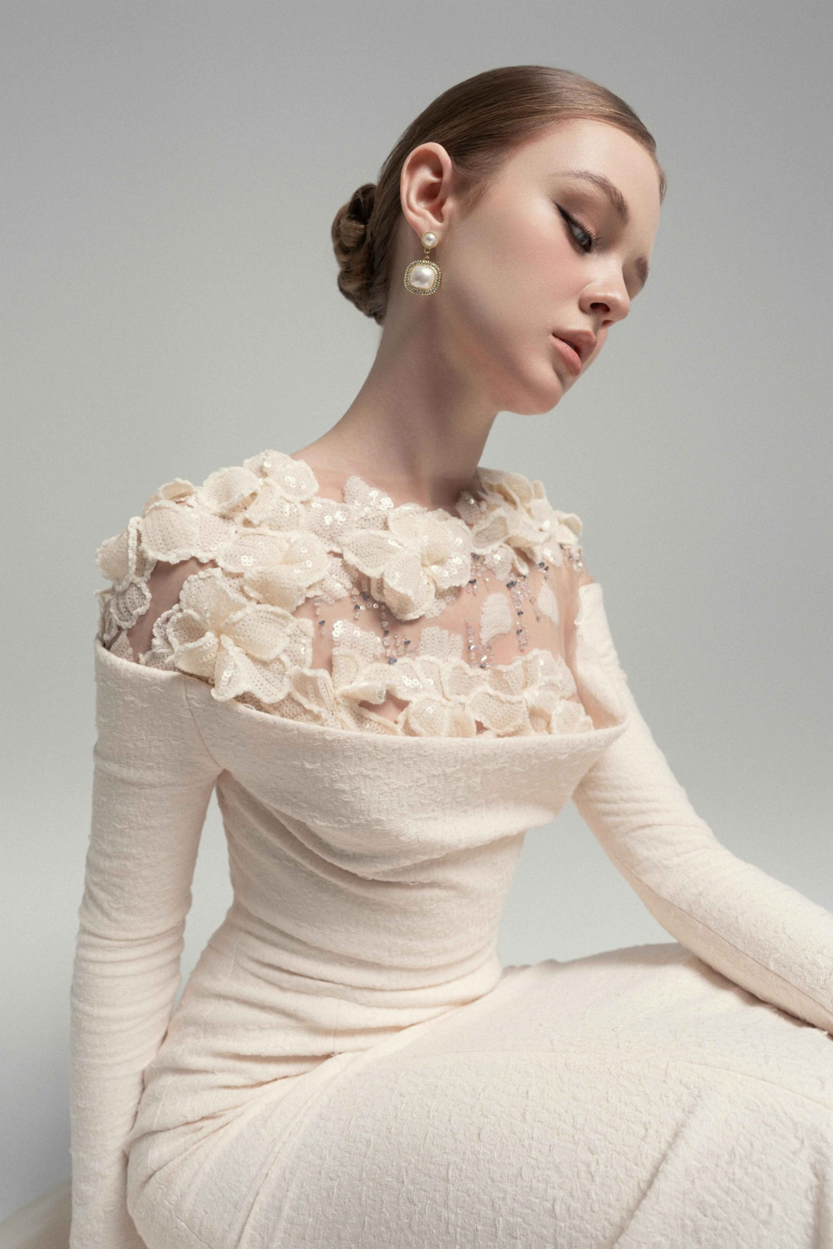 Aurohaya Silvia White Floral Appliqué Off-Shoulder Gown