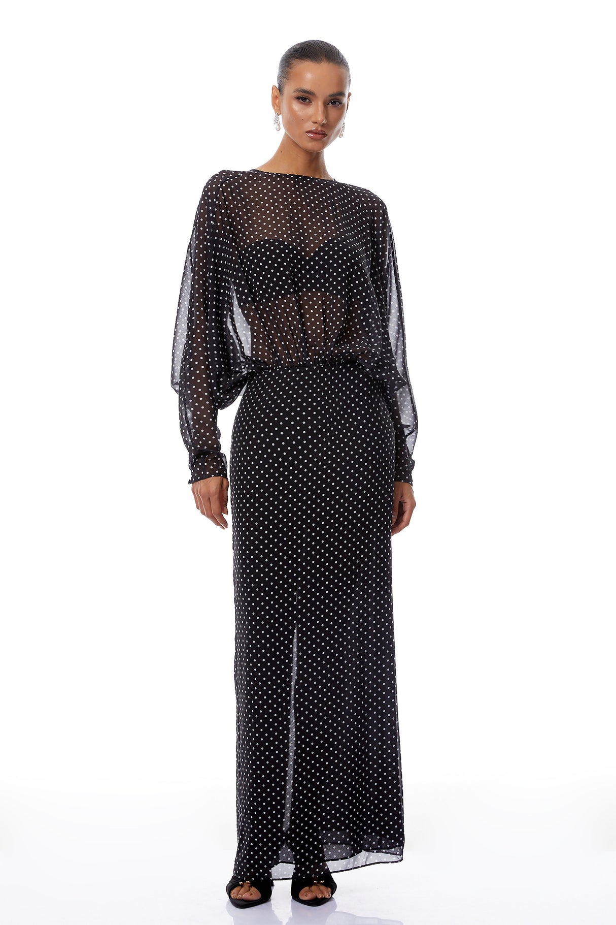 Aurohaya Emilia Black Polka Dot Chiffon Maxi Dress
