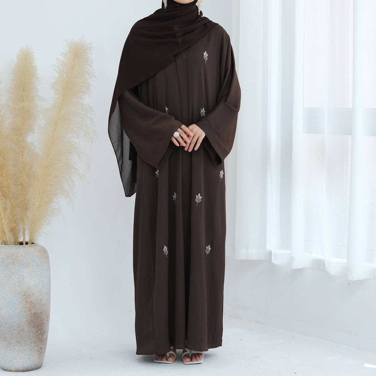 Solid Color Beaded Abaya Cardigan