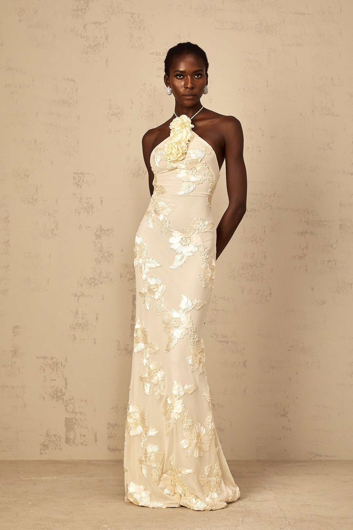 Aurohaya Melanie Neutrals Embroidered Halterneck Maxi Dress