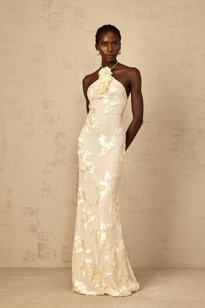 Aurohaya Melanie Neutrals Embroidered Halterneck Maxi Dress