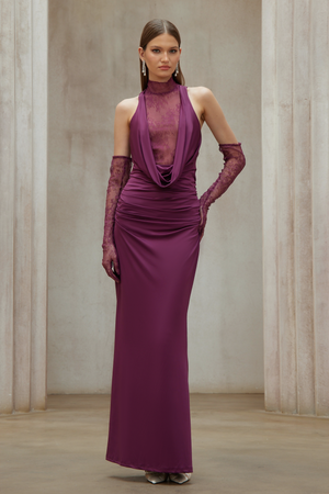 Aurohaya Borbála Magenta Lace Bodice Ruched Maxi Dress