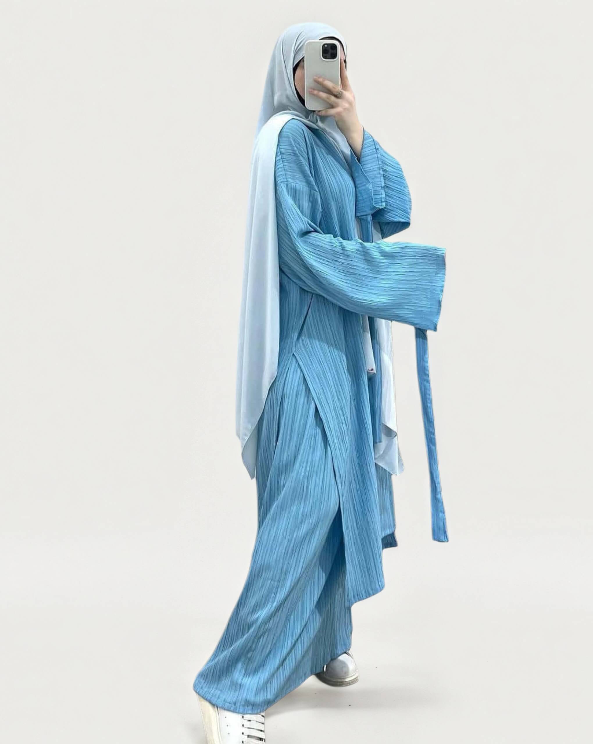 Long Sleeved Pleated Abaya 2-Piece Set