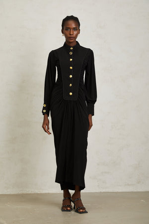 Aurohaya Brooklyn Black Gathered Draped Maxi Dress