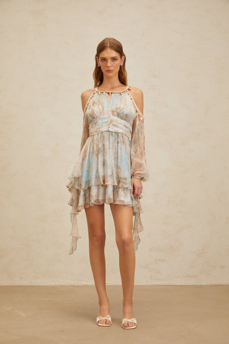 Aurohaya Glannon Blue Floral Print Silk Mini Dress