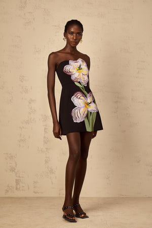Aurohaya Irène Black Off-Shoulder Sequin Floral Embroidered Mini Dress