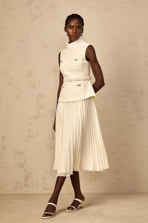 Aurohaya Dulcie Off-White Tulle Panel Tweed Midi Dress