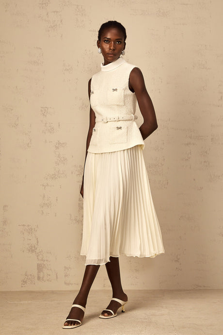 Aurohaya Dulcie Off-White Tulle Panel Tweed Midi Dress