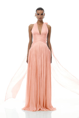 Aurohaya Térébenthine Pink Glossy Gathered Maxi Dress