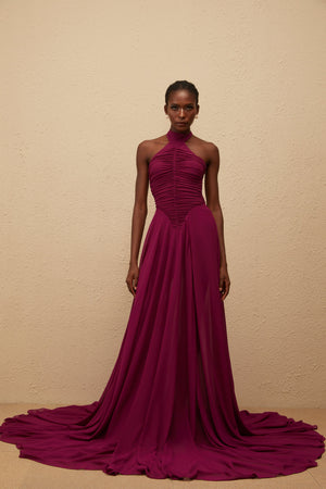 Aurohaya Kerstin Purple Train Design Ruched Maxi Dress