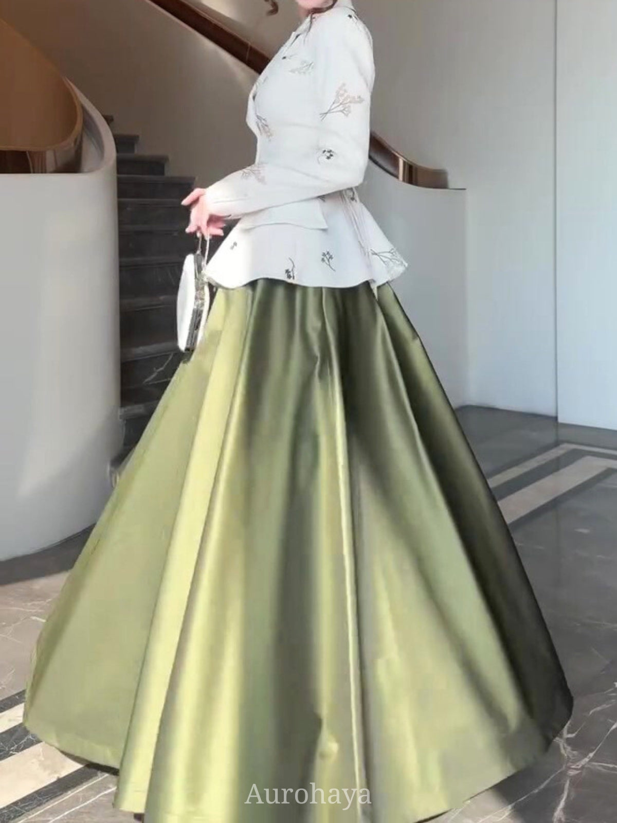 Olive Satin A-Line Full-Circle Maxi Skirt, DES119 [Pre Sale]