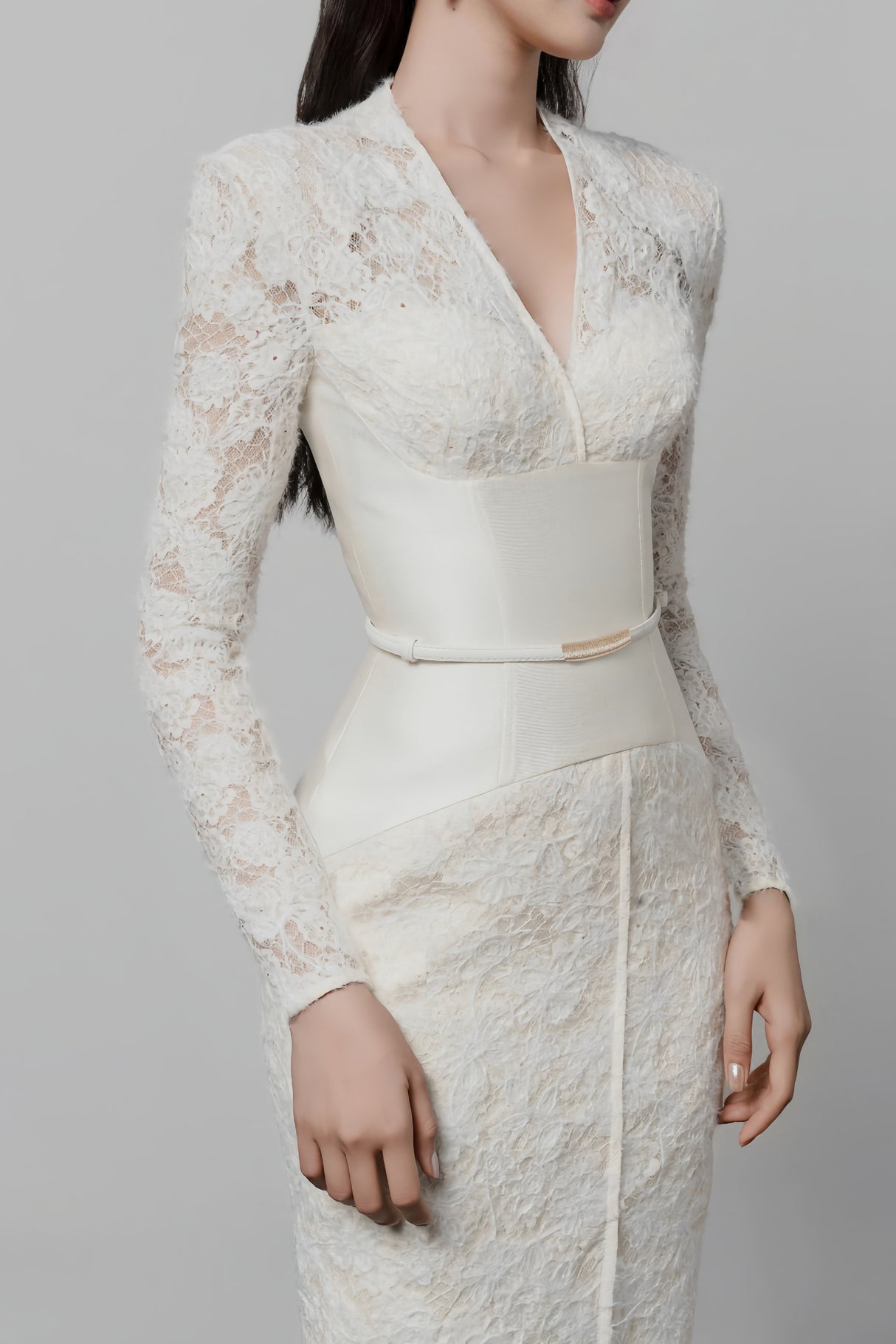 Aurohaya Oona White Floral Lace Pencil Midi Dress