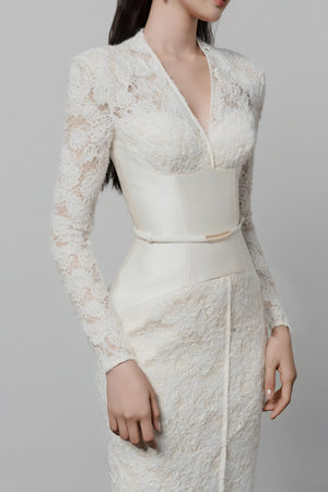 Aurohaya Oona White Floral Lace Pencil Midi Dress