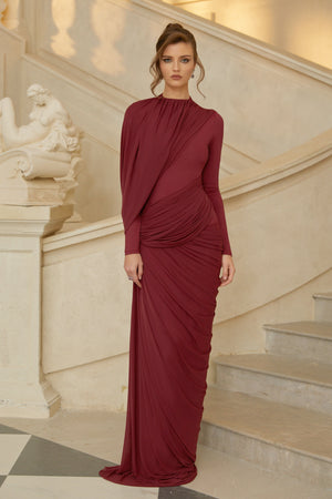 Aurohaya Arlette Red Asymmetrical Ruched Maxi Dress