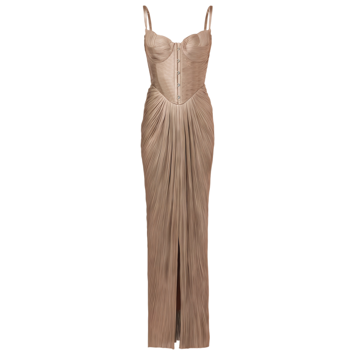 Aurohaya Nicoletta Gold Glossy Pleated Corset Maxi Dress