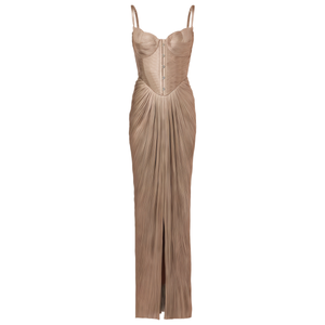 Aurohaya Nicoletta Gold Glossy Pleated Corset Maxi Dress
