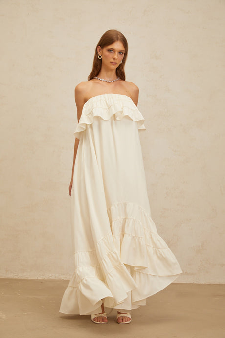 Aurohaya Bénédicte White Vibrant Off Shoulder Shirred Maxi Dress