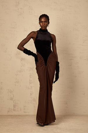 Aurohaya Mathilde brown velvet-panel ruched maxi dress