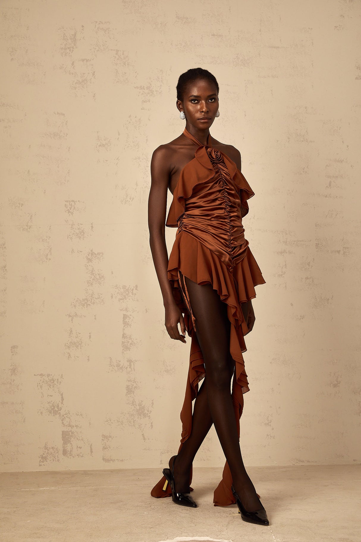Aurohaya Léonie brown floral-appliqué ruched mini dress