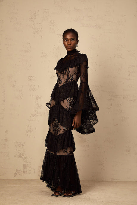 Aurohaya Roxane black floral-lace ruffled maxi dress