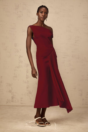 Aurohaya Laurine asymmetrical draped midi dress in Burgundy