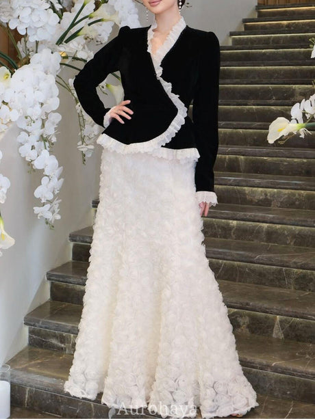 Aurohaya Velvet Ruffle Evening Dress Set — Peplum Blazer & Floral Mermaid Skirt Black