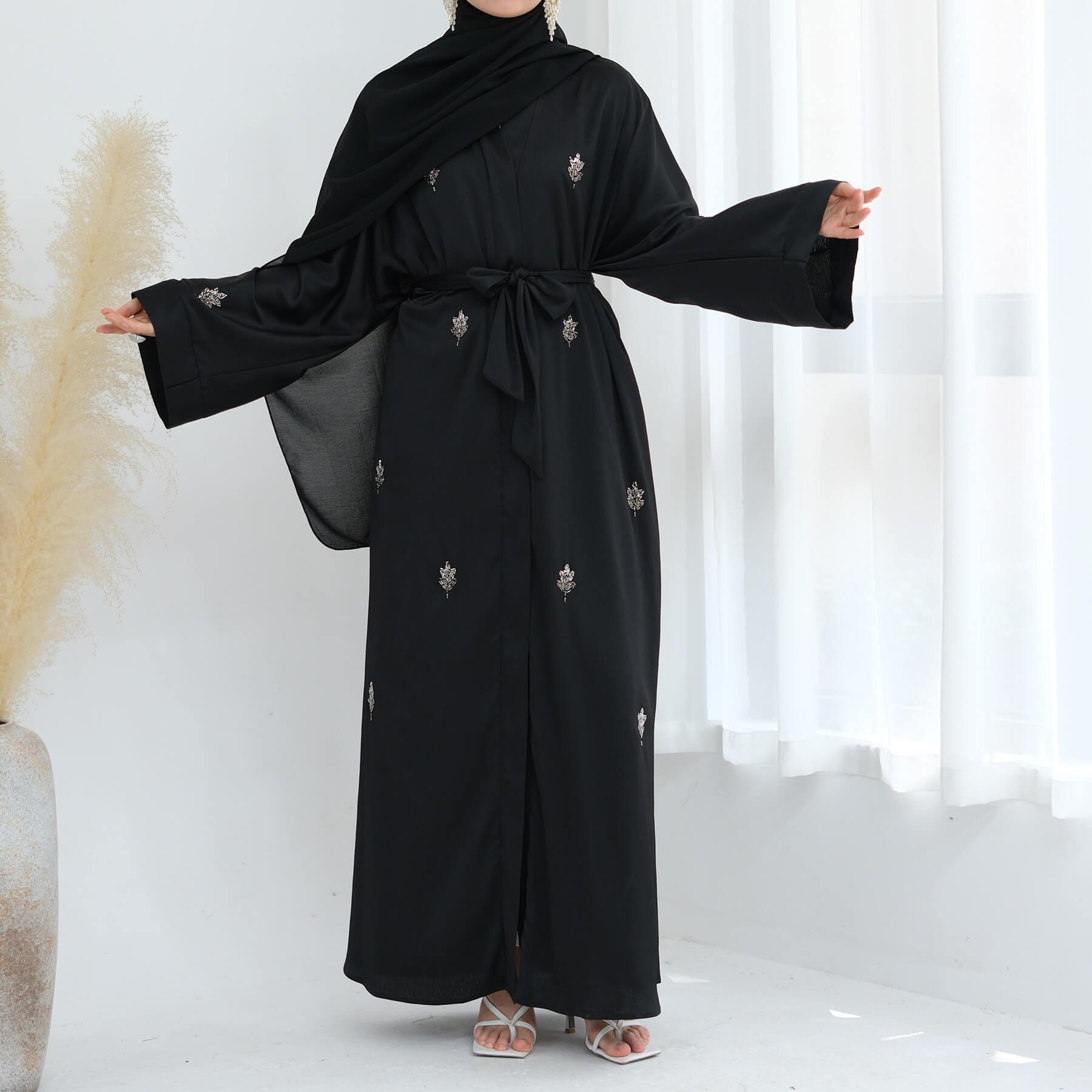 Solid Color Beaded Abaya Cardigan