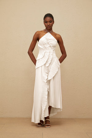 Aurohaya Doux White Ruffled Trim Pleated Midi Dress