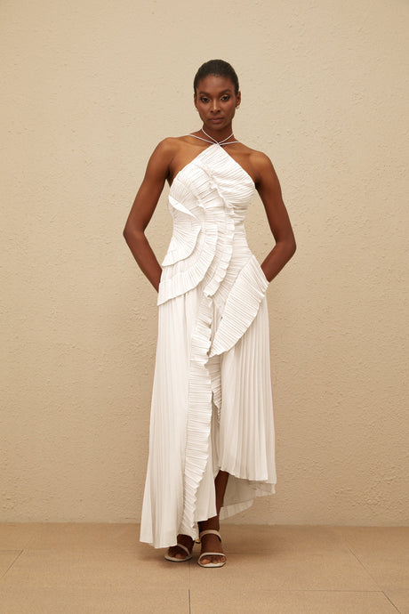 Aurohaya Doux White Ruffled Trim Pleated Midi Dress