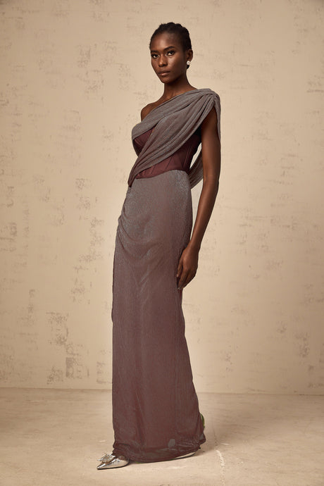 Aurohaya Delphine ribbon-design corset maxi dress in Brown