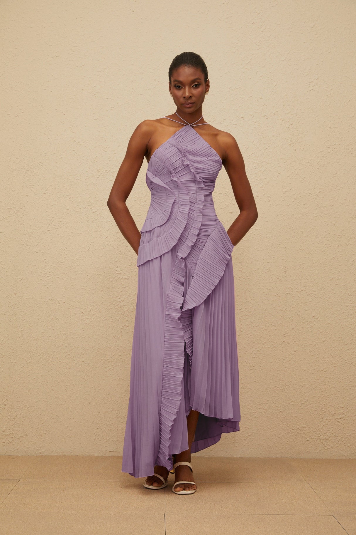 Aurohaya Doux Purple Ruffled Trim Pleated Midi Dress