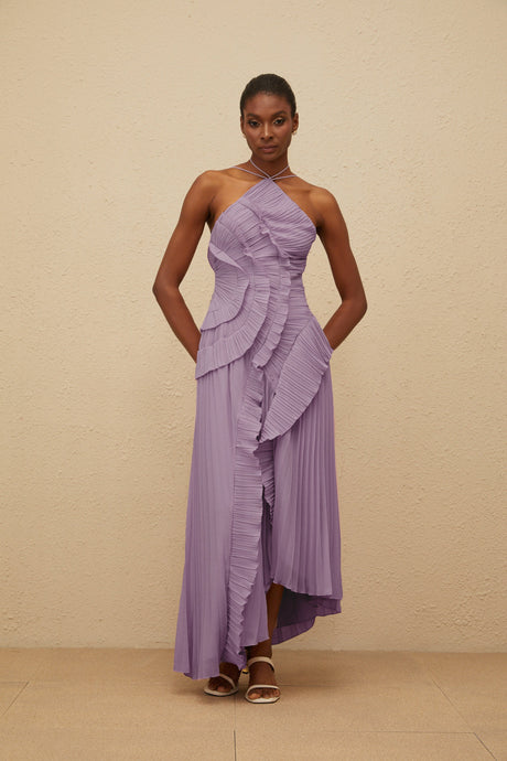 Aurohaya Doux Purple Ruffled Trim Pleated Midi Dress