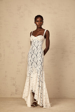 Aurohaya Abbie White Floral Lace Bustier Maxi Dress