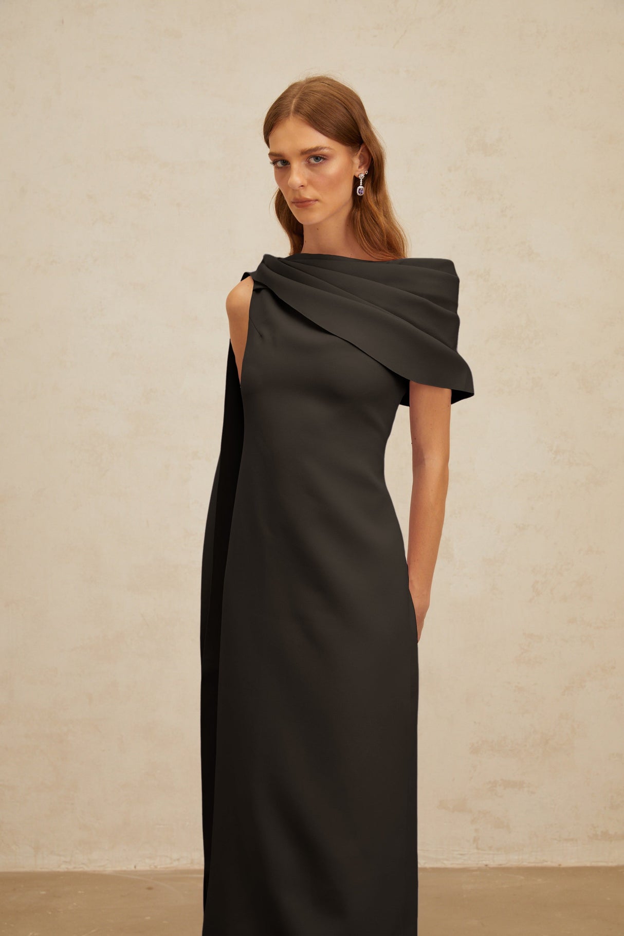 Aurohaya Annabelle Black Cape-Design Ribbon Maxi Dress