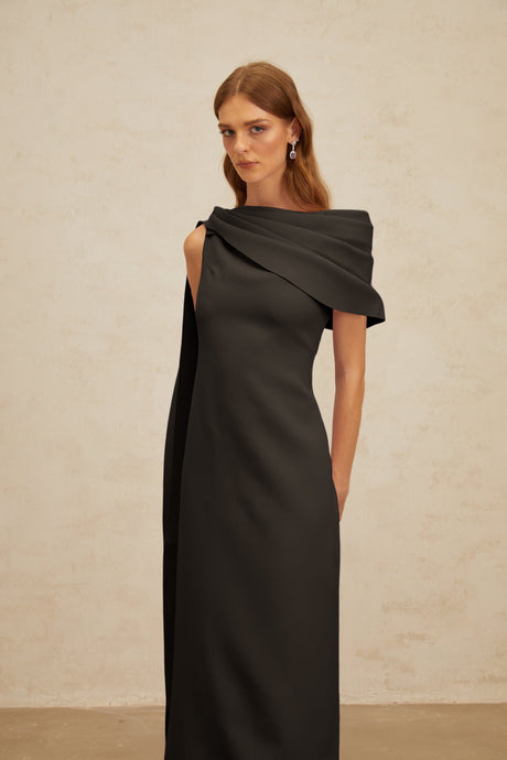 Aurohaya Annabelle Black Cape-Design Ribbon Maxi Dress